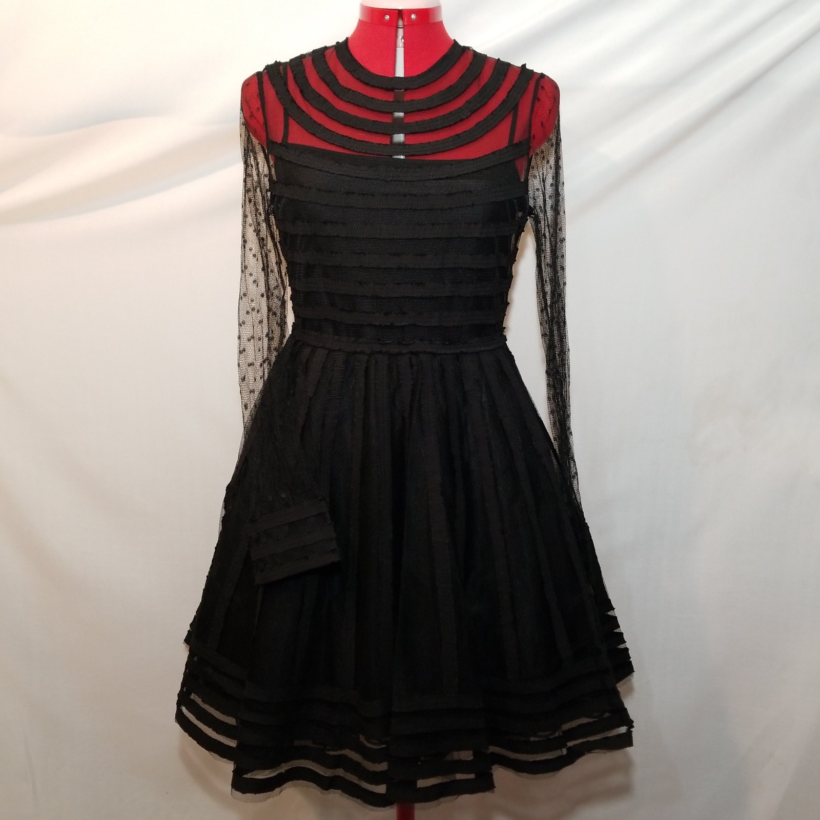 Black Mesh Stripes Sheer Dress EU 42 Size 8 Polka Dots Mesh Sleeves