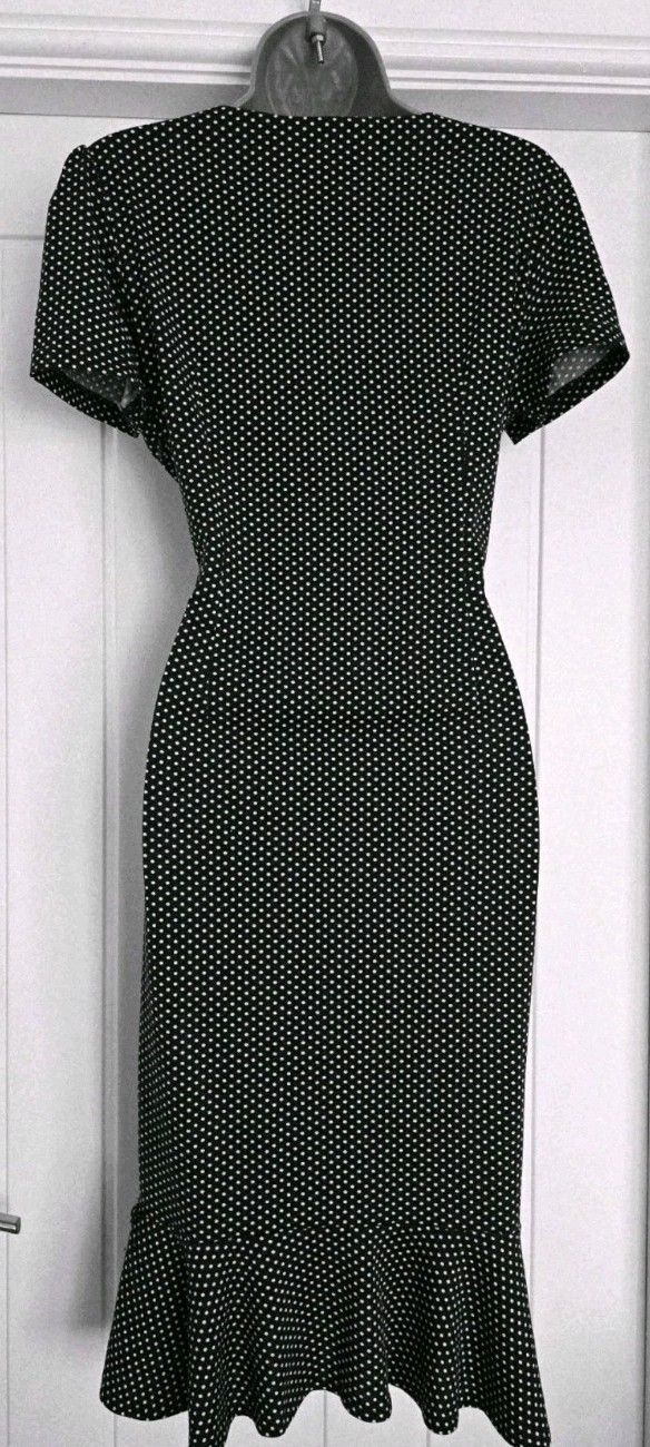 Vintage 1940s 1950s Style Black Polka Dot Wiggle Dress Size 12 TWINWOOD