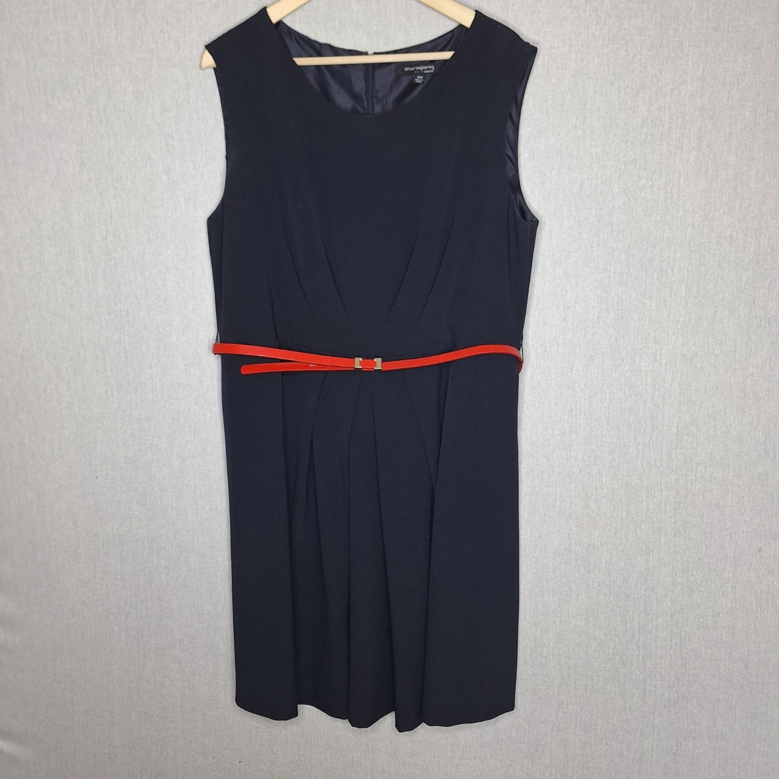 Sharagano Navy Blue Stretch Belted Dress Size 16 Preppy Formal Feminine