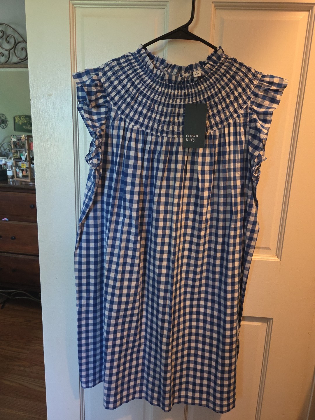 Crown and Ivy Blue and White Gingham Smocked Dress, Size Large NWT