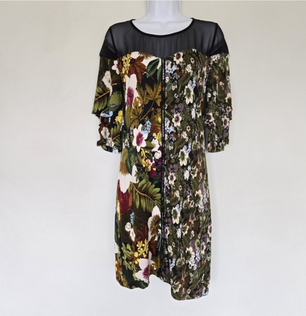 Desigual Morgana Floral Patchwork Dress Sze S Sheer Mesh Bell Sleeve Cottagecore