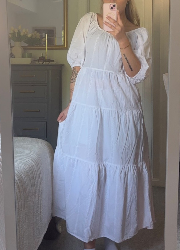 Universal Thread White Midi Peasant Dress w/ Puff Sleeves & Lace Details, Size S