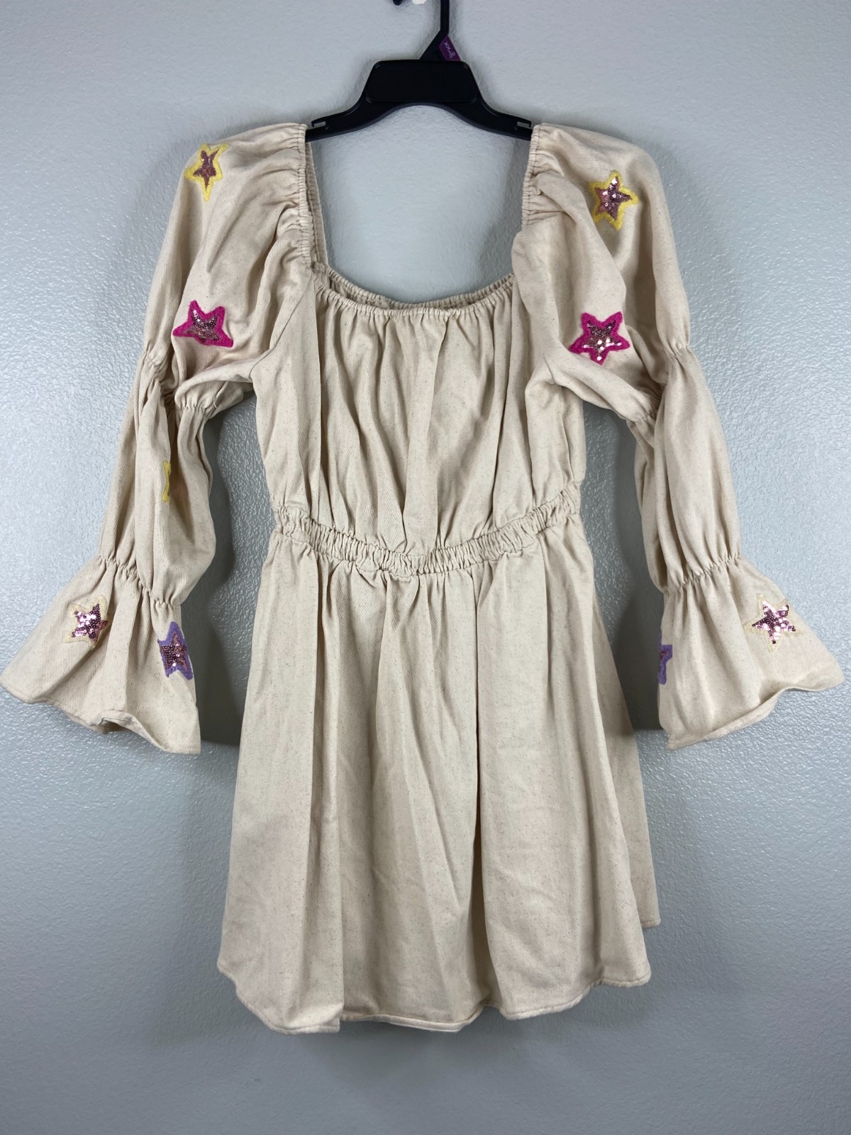 Fantastic Fawn Women Large Beige Dress Babydoll Sequin Star Puff Sleeve Canvas