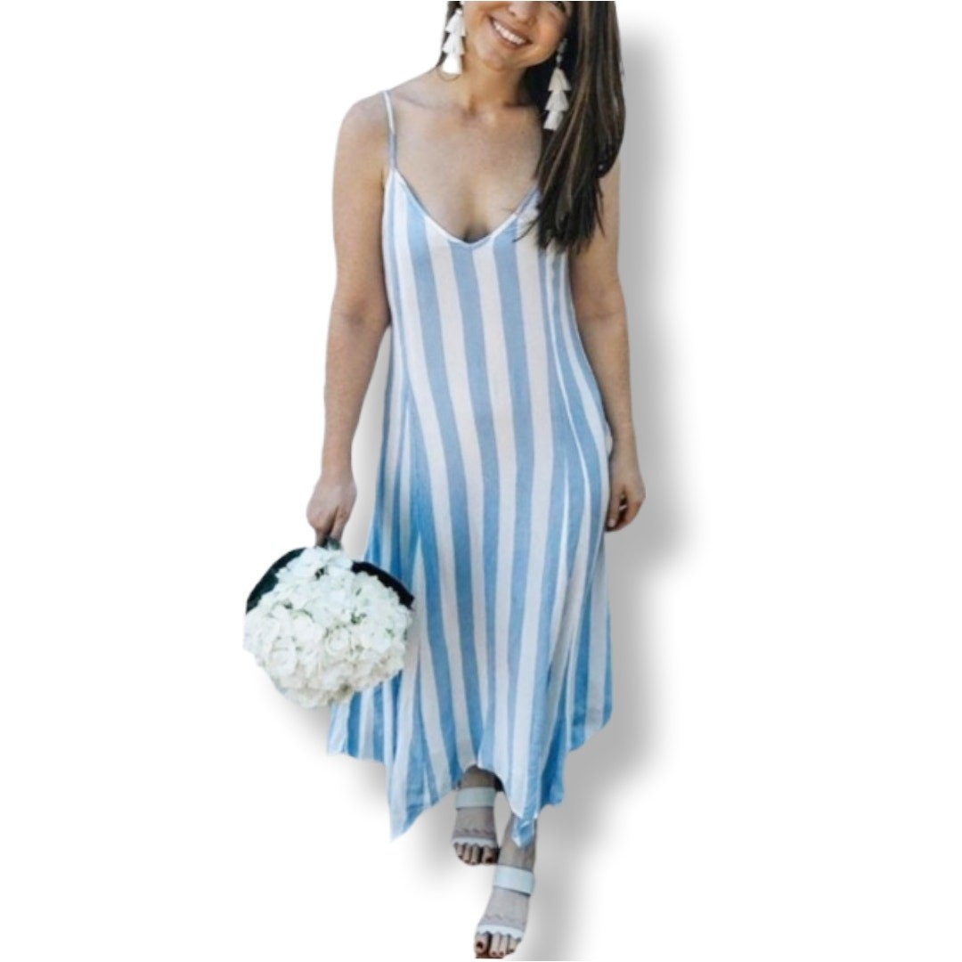 American Eagle Blue White Cabana Stripe Midi Sundress M Boho Chic Preppy Beach