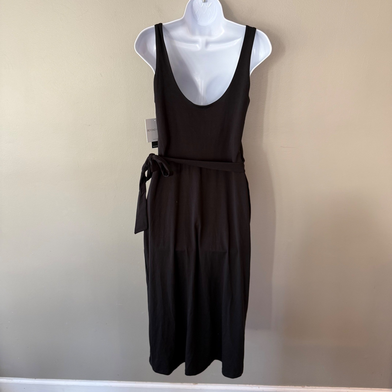 Beyond Yoga Black Scoop Neck Wrap Midi Dress NWT Sz Med Minimalist Travel Boho
