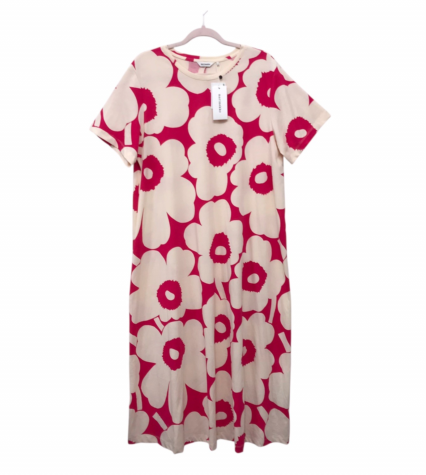 Marimekko Pisteinen Unikko Maxi Dress NWT In Pink Poppy Organic Cotton Sz XL