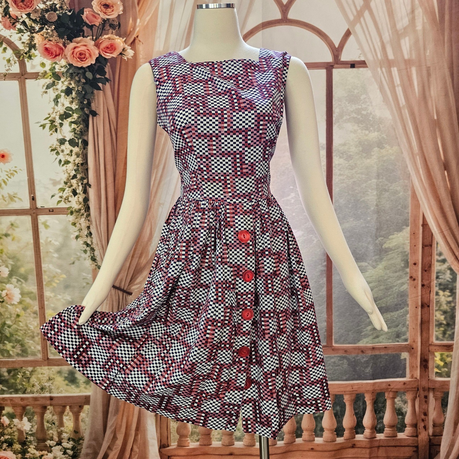 Vintage 1960’s Geometric Checkered Fit & Flare Dress Red White Navy Square Neck