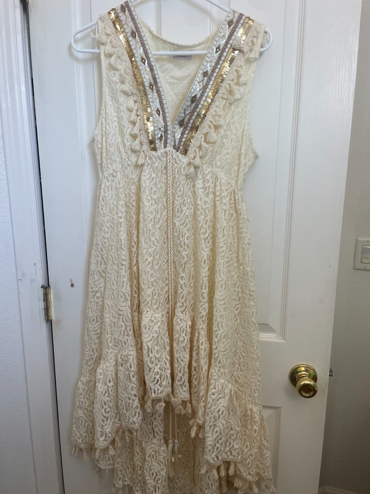 Addconfdt beigh lace short dress gold accents tassels beads V-neck Large
