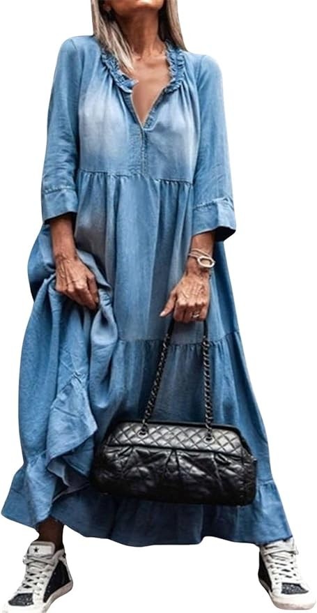 Women Long Denim Dress Summer Jean Dress Sundress Casual Flowy Ruffle Maxi Dress