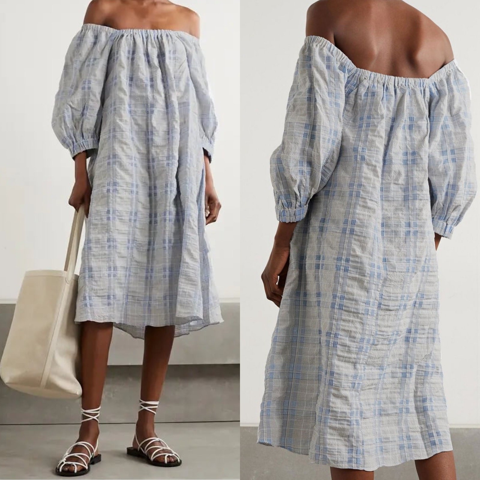 NWT Remain Birger Christensen Lea Brunnera Blue Plaid Off Shoulder Midi Dress 6