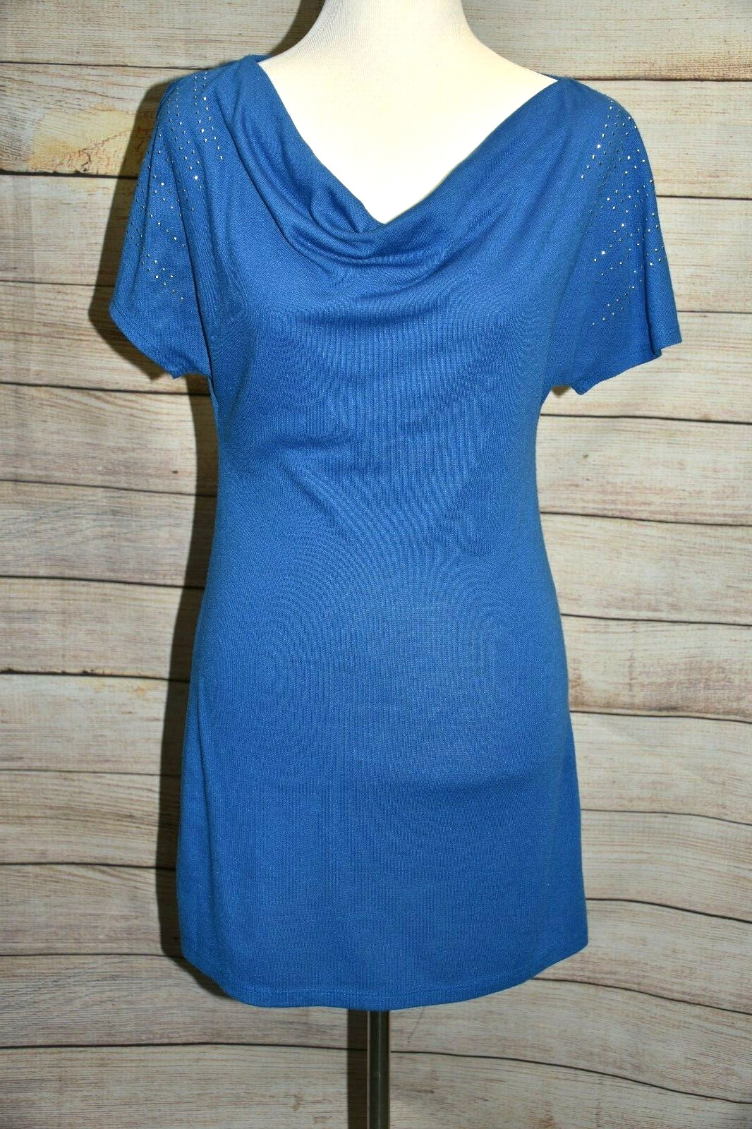 L8TER S M ROYAL BLUE SCOOP DRAPE NECK SILVER STUD SHIRT TUNIC TOP / DRESS