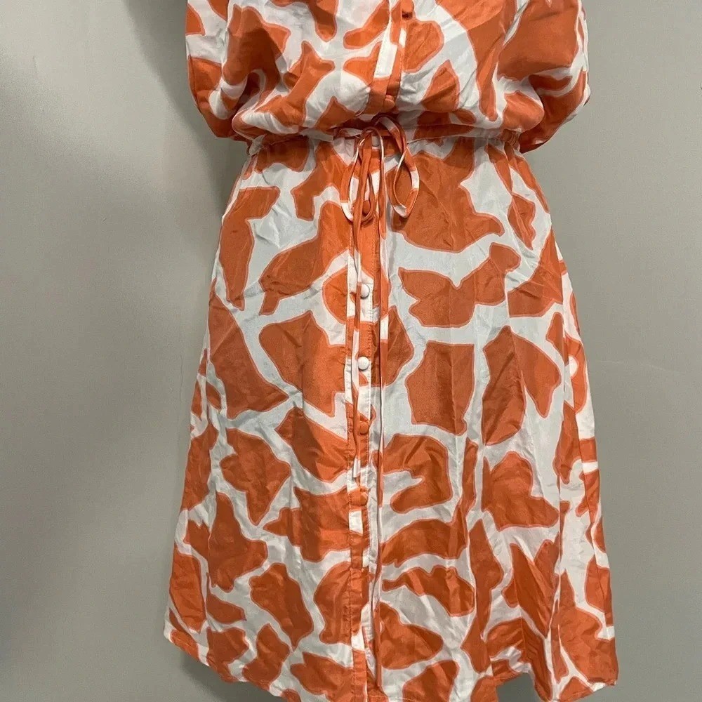 Ann Taylor Loft 100% Silk Coral and White Geometric Ruffle Sleeve Mini Dress