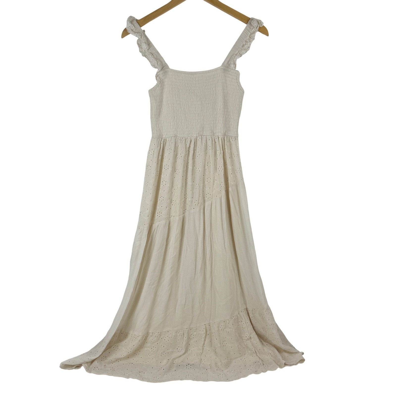 WALLFLOWER Cream Smocked Tiered Eyelet Maxi Dress Womens M Boho Cottagecore