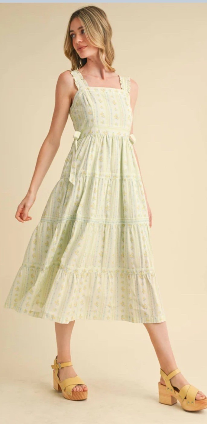 NWT &Merci RUFFLED STRAP FLORAL DRESS WITH SIDE TYING BOWS – Chartreuse Yellow