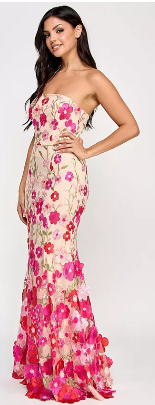 Say Yes Juniors Ball Gown Size 3/4 Pink Red 3D Floral Mesh Corset Wired Bodice