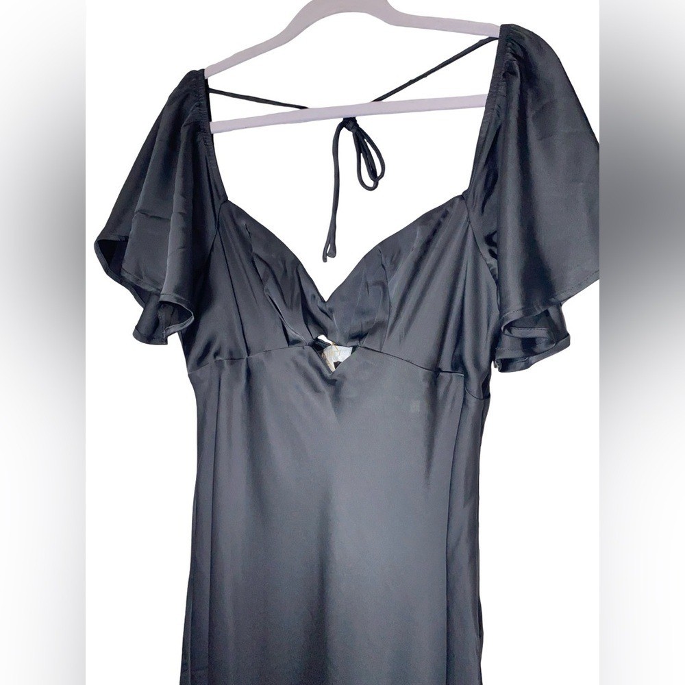 Billy J Black Satin Flutter Sleeve Maxi Dress Sweetheart Cutout Back Tie
