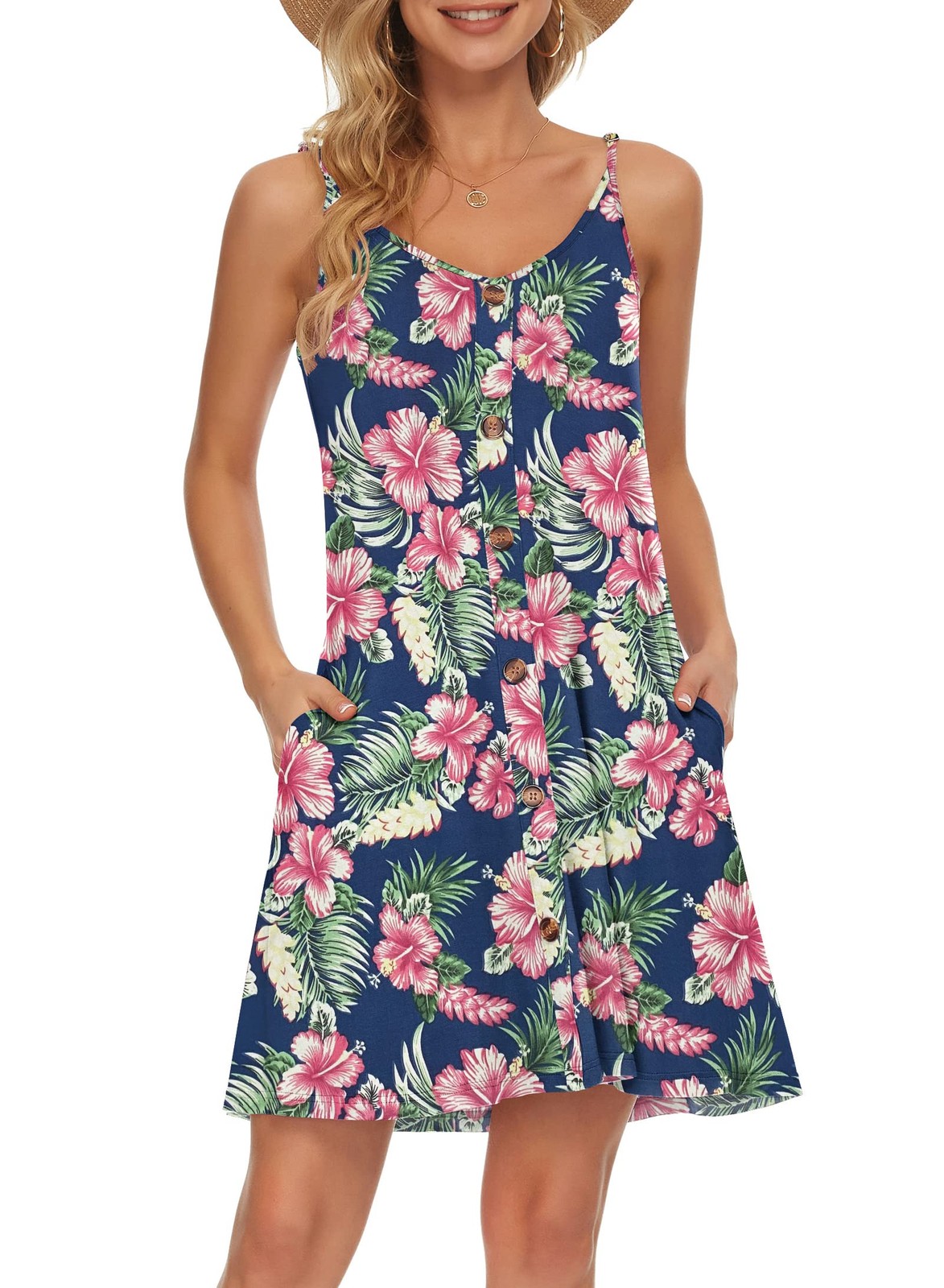 Women’s Spaghetti Strap Button Down V Neck (Size M, Floral Hibiscus Blue)