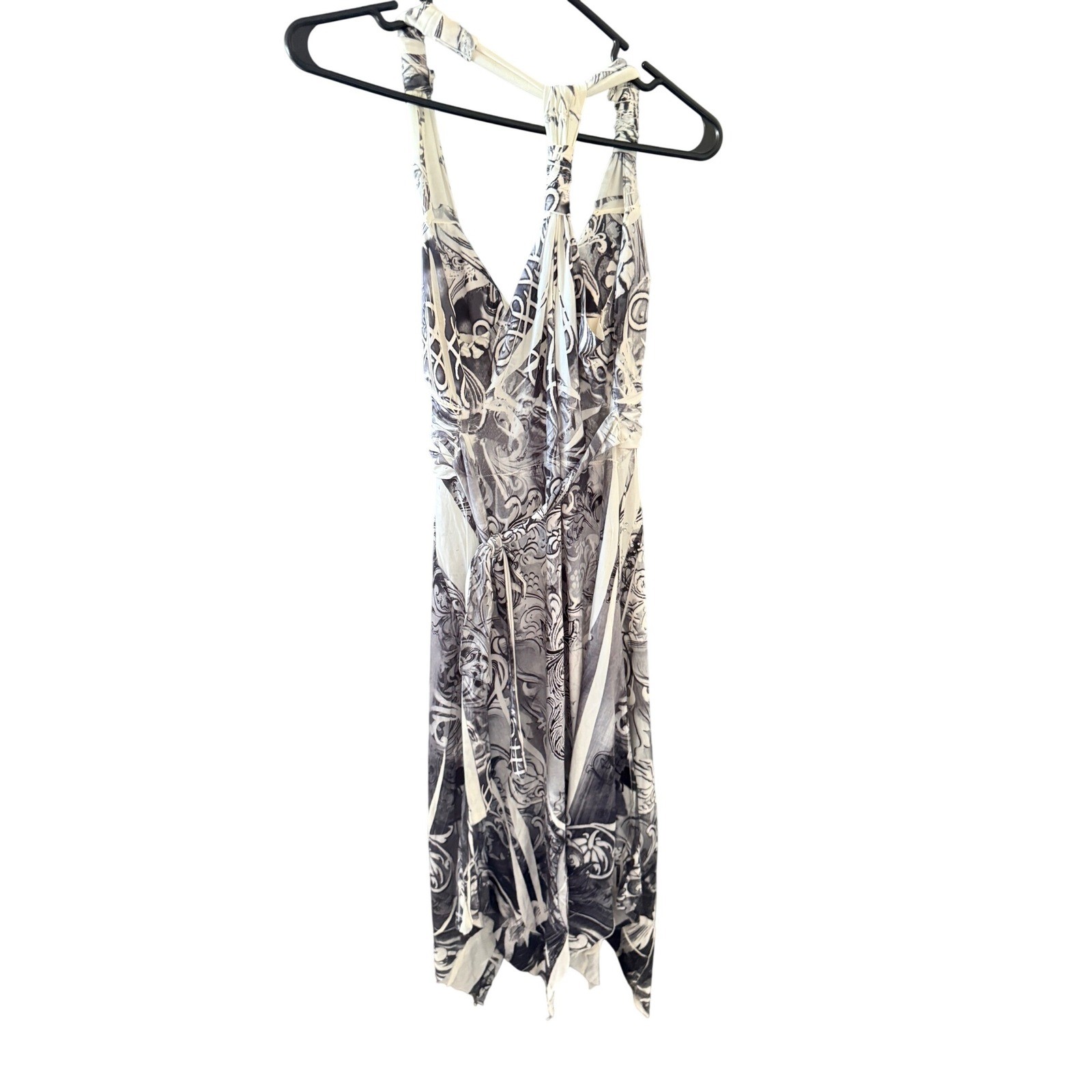 CristinaLove Gray Baroque Floral Rhinestone Handkerchief Hem Racerback Dress