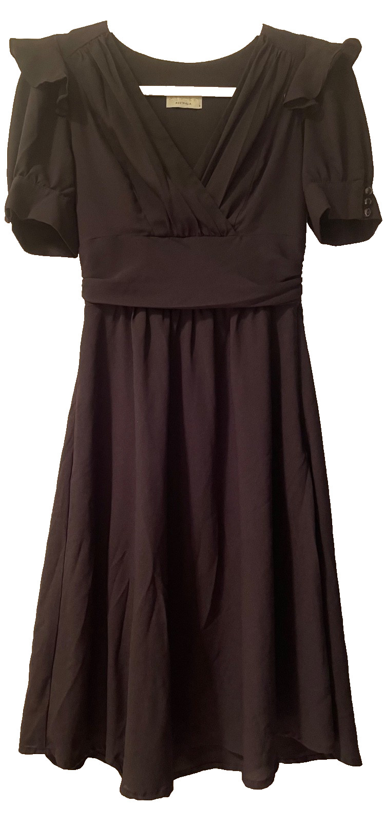Review Dress Size 6 Black Pleated Ruffle Buttons Chiffon Fit & Flare Party Work