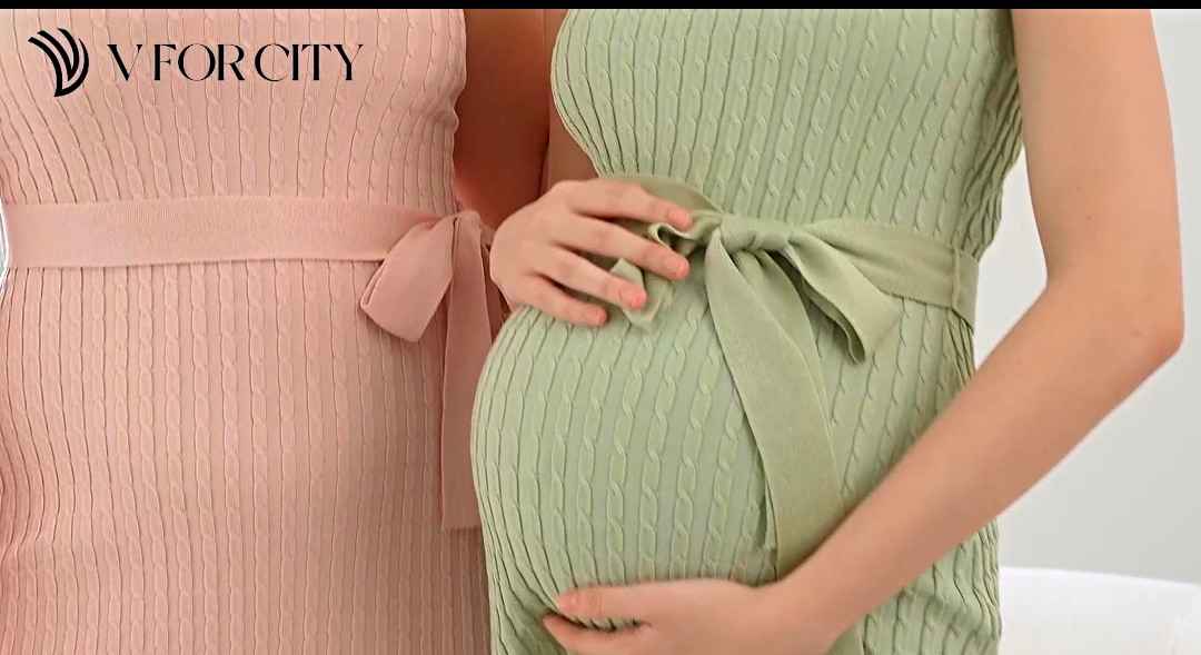 VFORCITY Maternity Apricot Cable Knit Midi Dress Sleeveless Belted Side Slit L