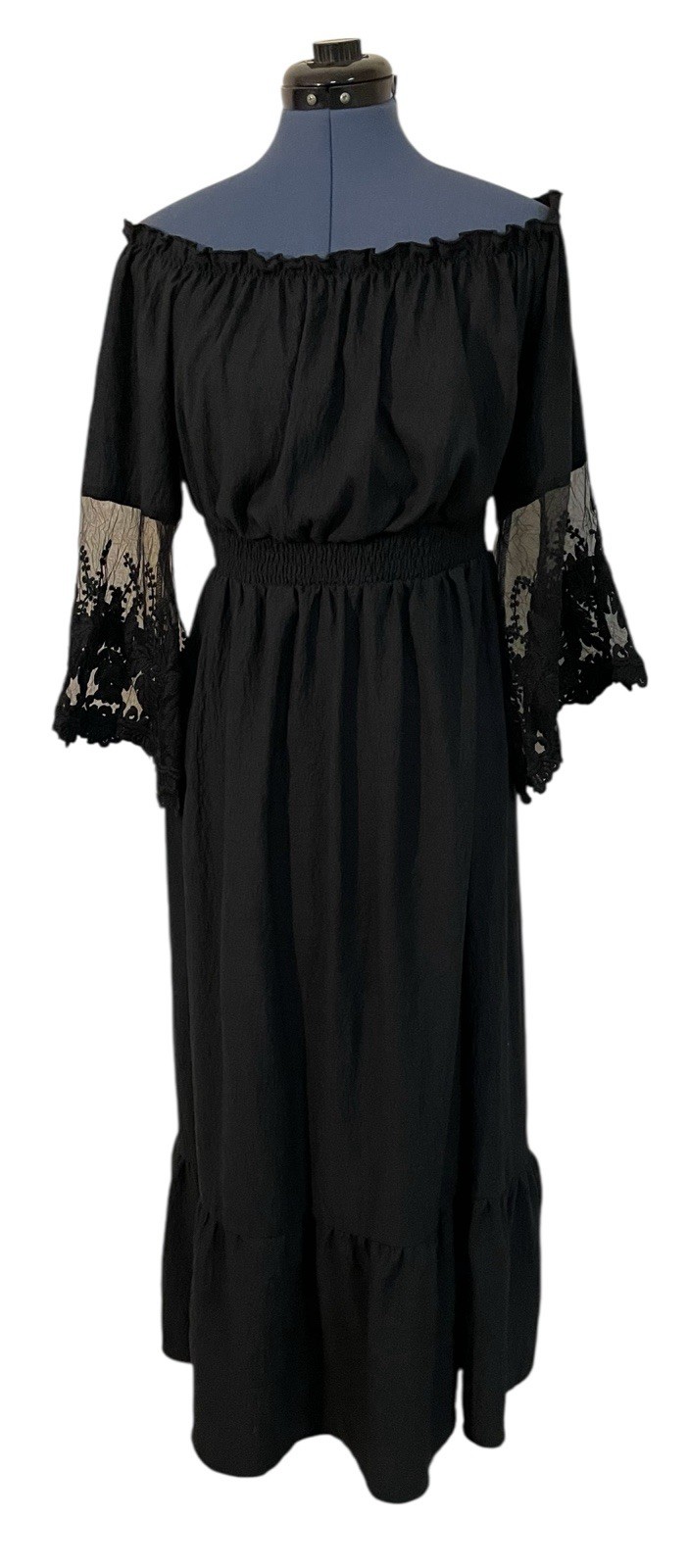 Black Off Shoulder Maxi Dress Lace Flare Sleeve Smocked Waist Ethereal Goth 2XL