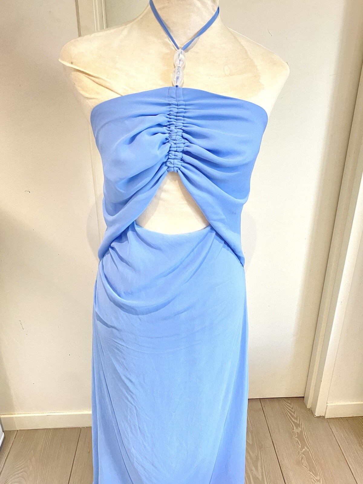 Kookai Dress Size 10 / 38 Light Blue Halter Neck BNWT RRP $250 Elsa Beaded Maxi