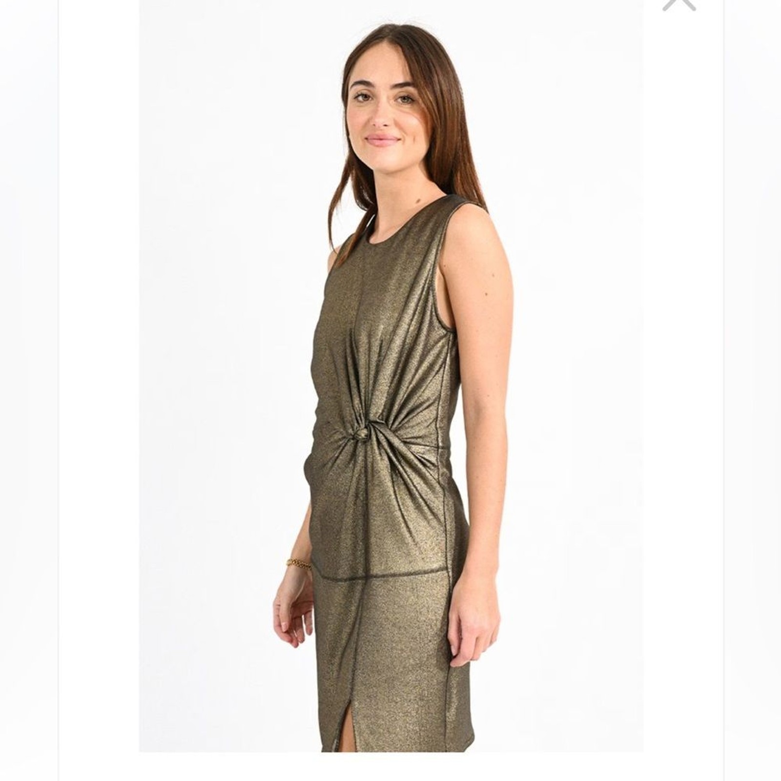 NWT Molly Bracken front tie twist mini dress small gold shimmer new years eve