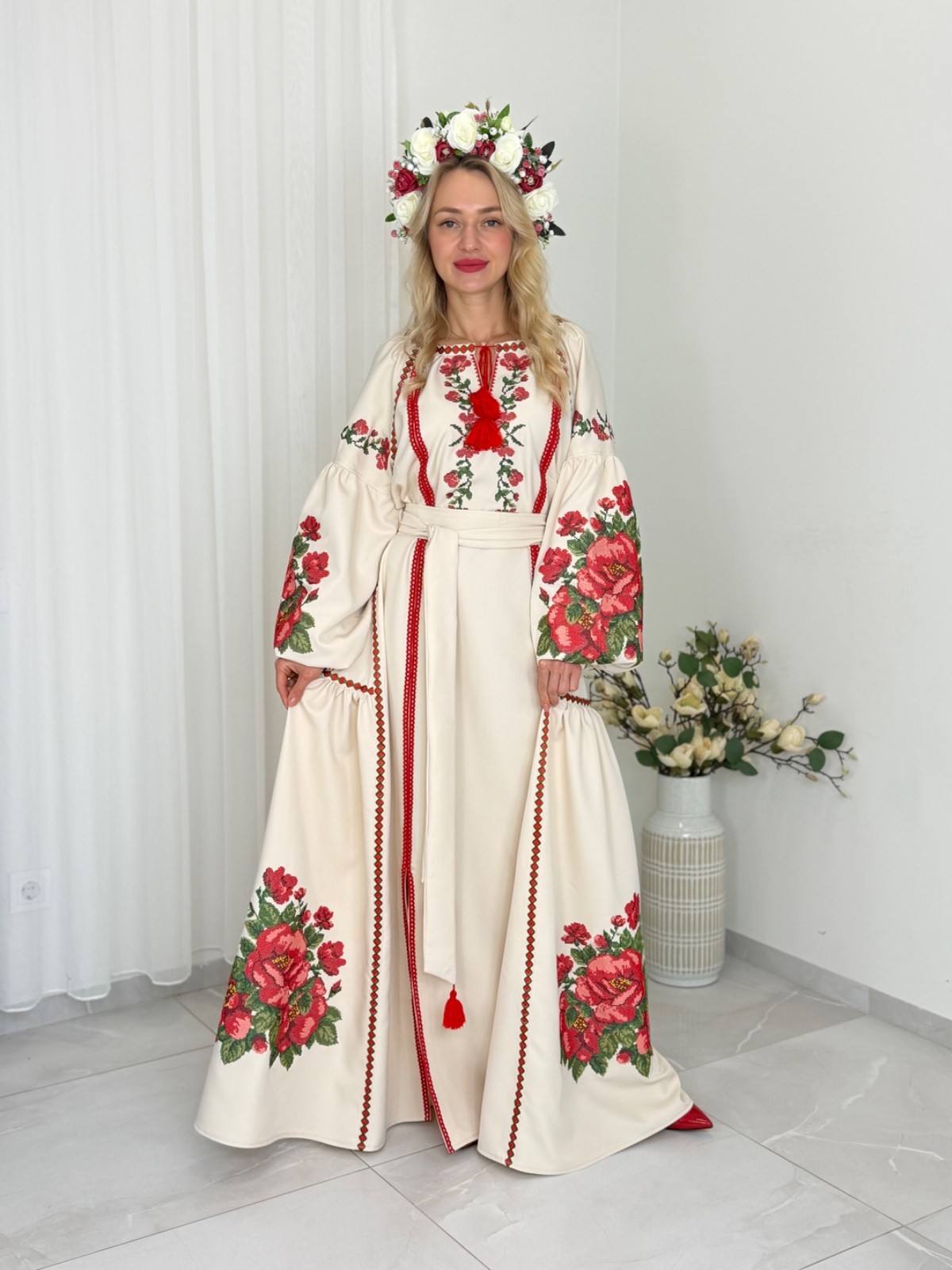 Custom Ukrainian Embroidered Dress Vyshyvanka Linen Maxi Handmade Floral