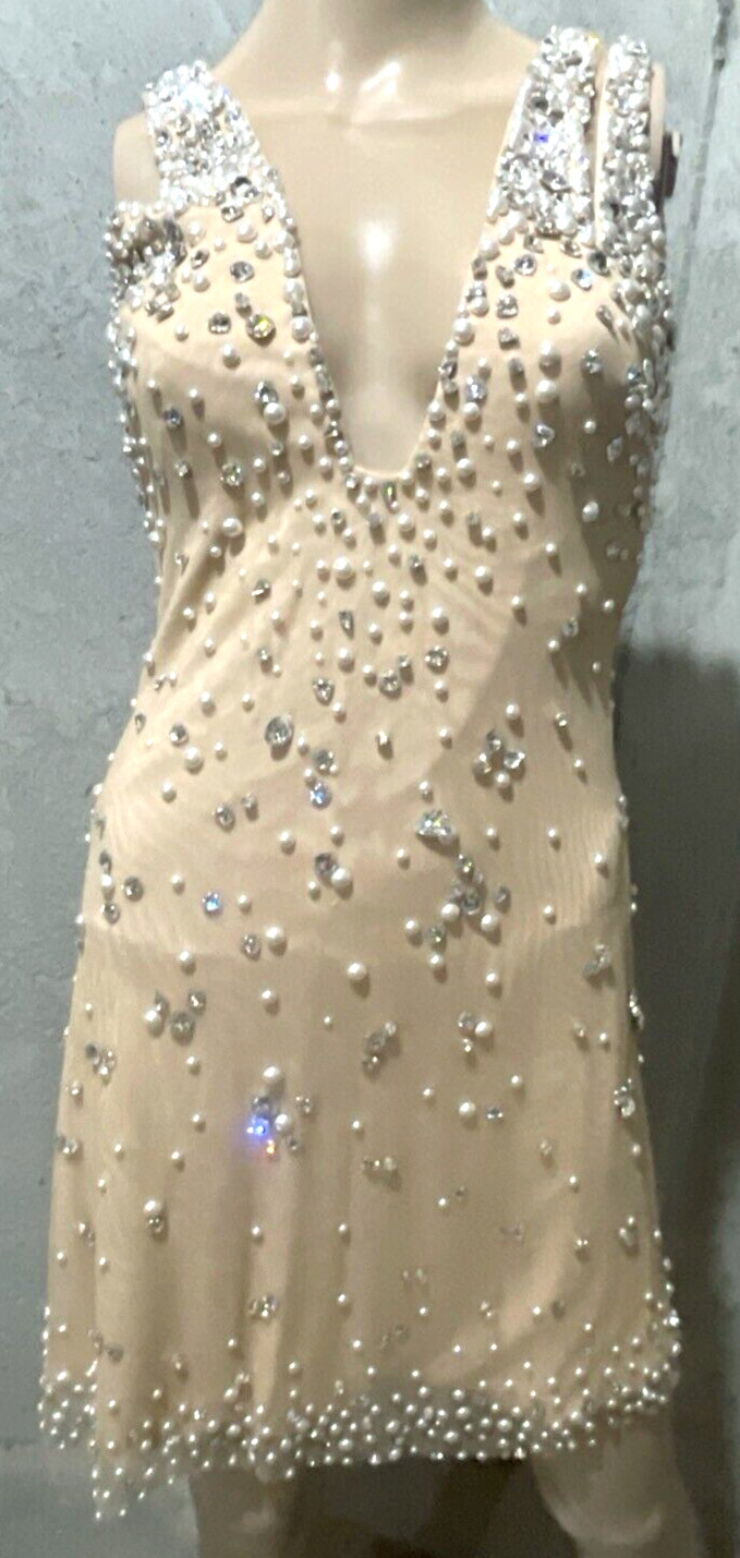 CD Greene Crystal Pearl Couture Embroidered Nude Beige Cocktail Dress US 4