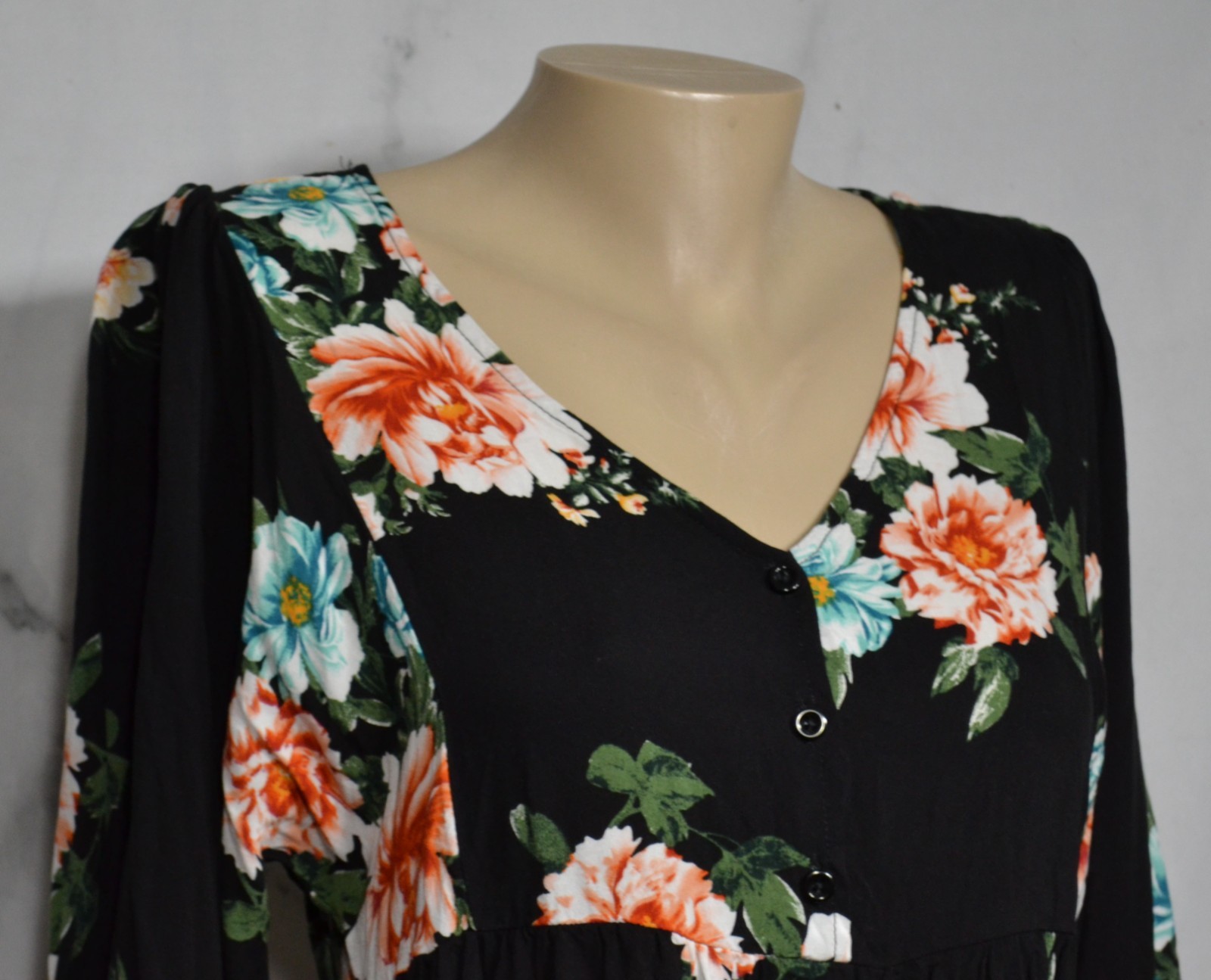REMIXMESS Black Multicolor Floral Print Dress Tunic Medium 3/4 Sleeves Rayon