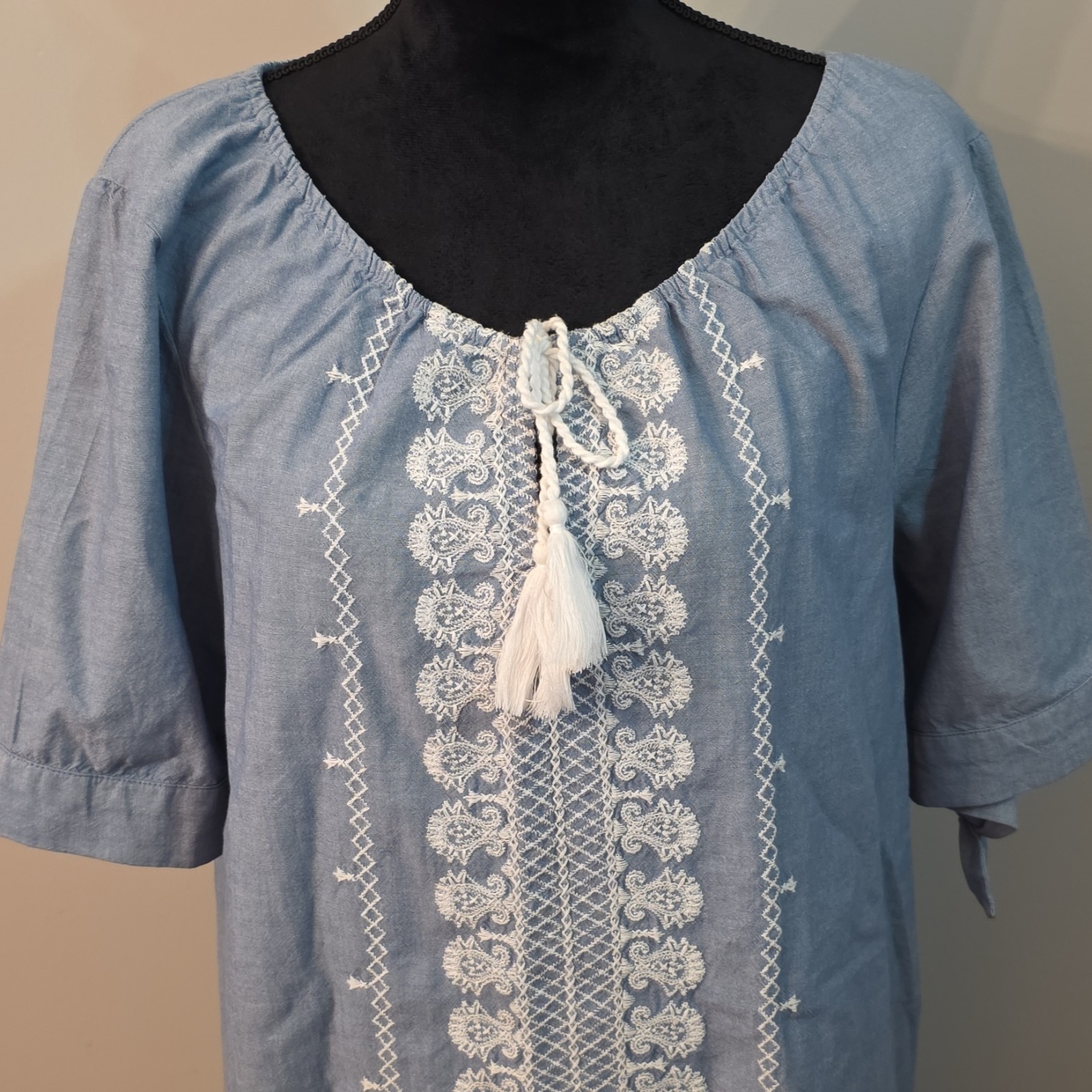 Sonoma Blue Chambray Embroidered Tassel Tie Scoop Neck Shift Knee XXL
