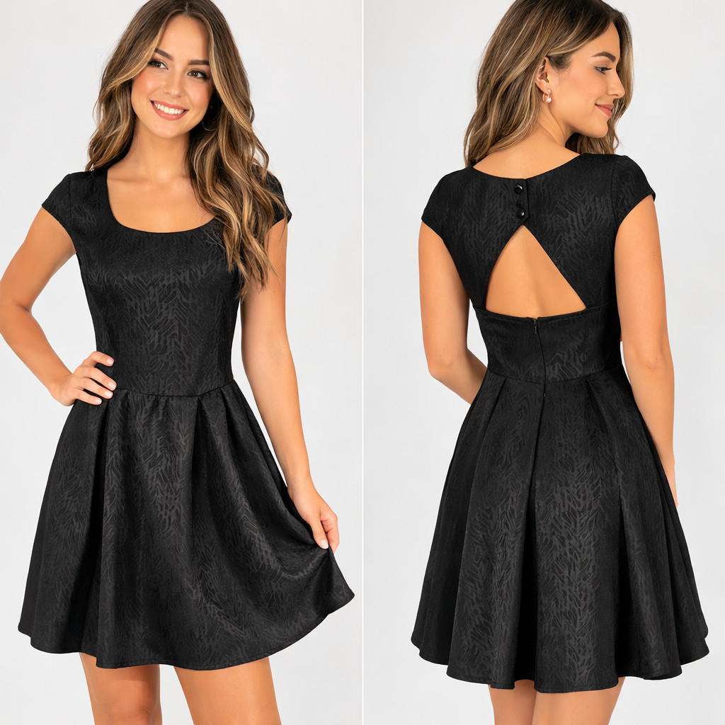 IZ Byer Black Fit And Flare Skater Dress Cap Sleeve Textured Open Back Size M
