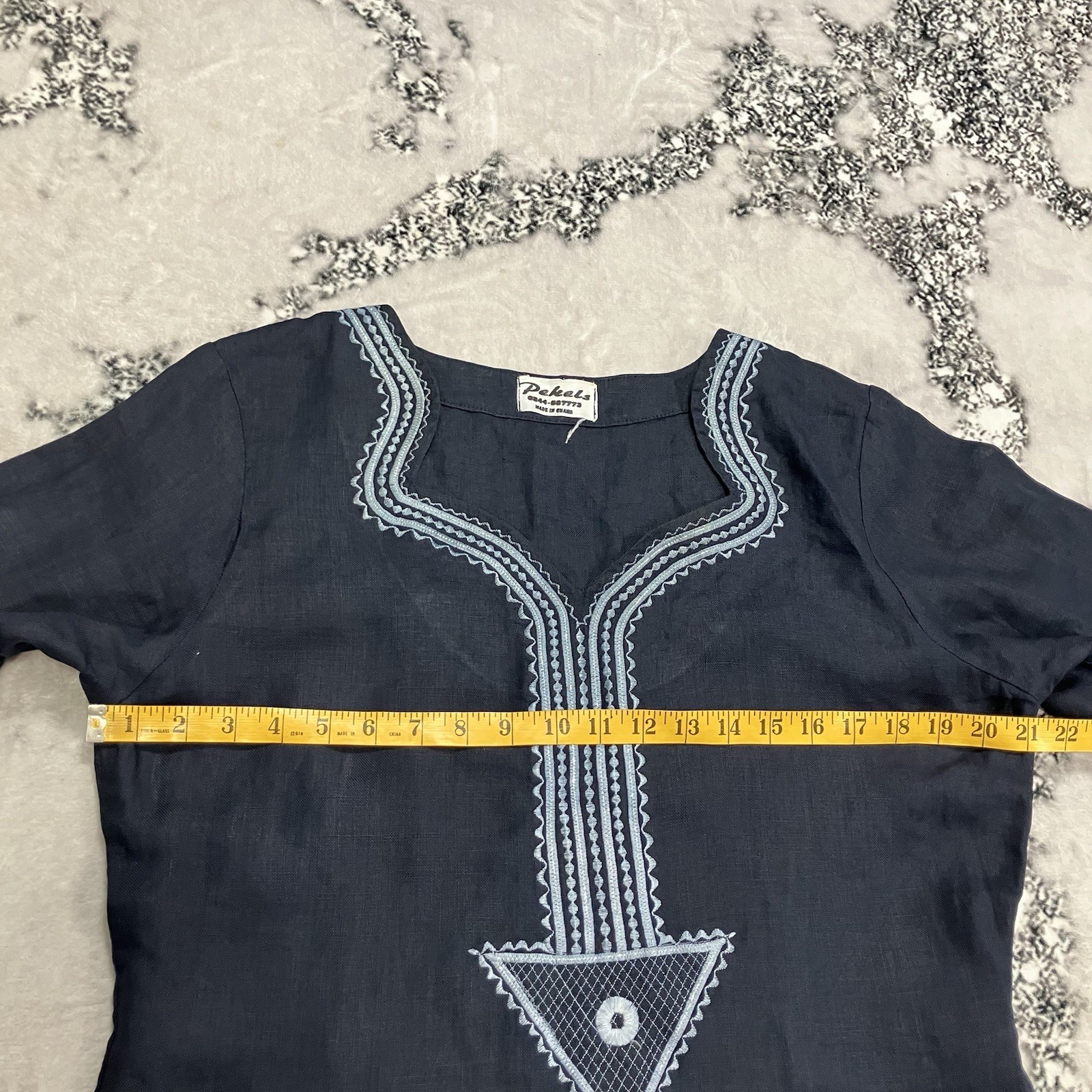 Handmade Linen Blend Embroidered Caftan Maxi Dress Blue Boho Medium