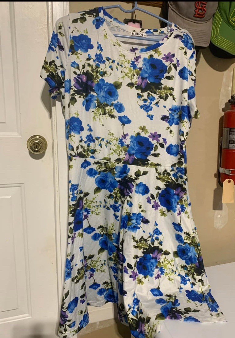 HUHOT Women’s Floral Midi A-Line Dress White Blue Purple Green Round Neck