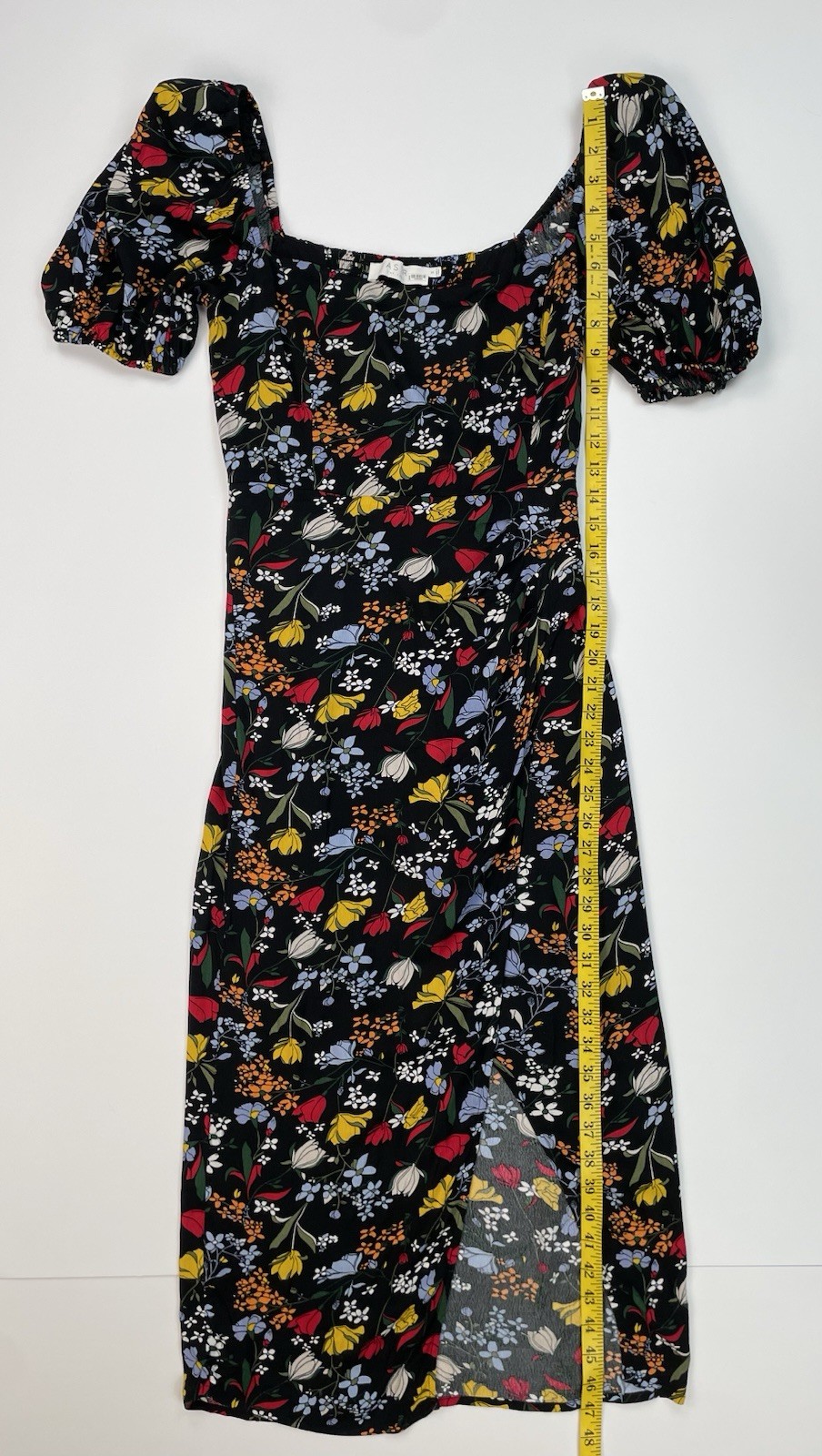 ASTR the Label Black Floral Puff Sleeve Front Slit Midi Dress S Cottage Boho