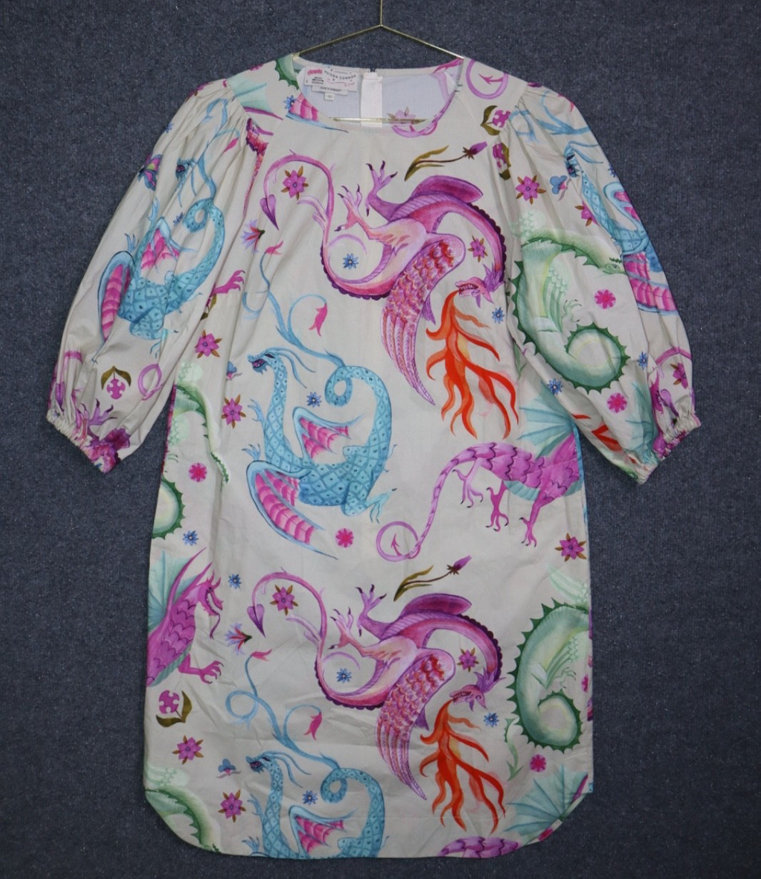 Maison Common Dress Women 40 Multi Dragon Floral Puff Sleeve Cotton GERMAN NWOT