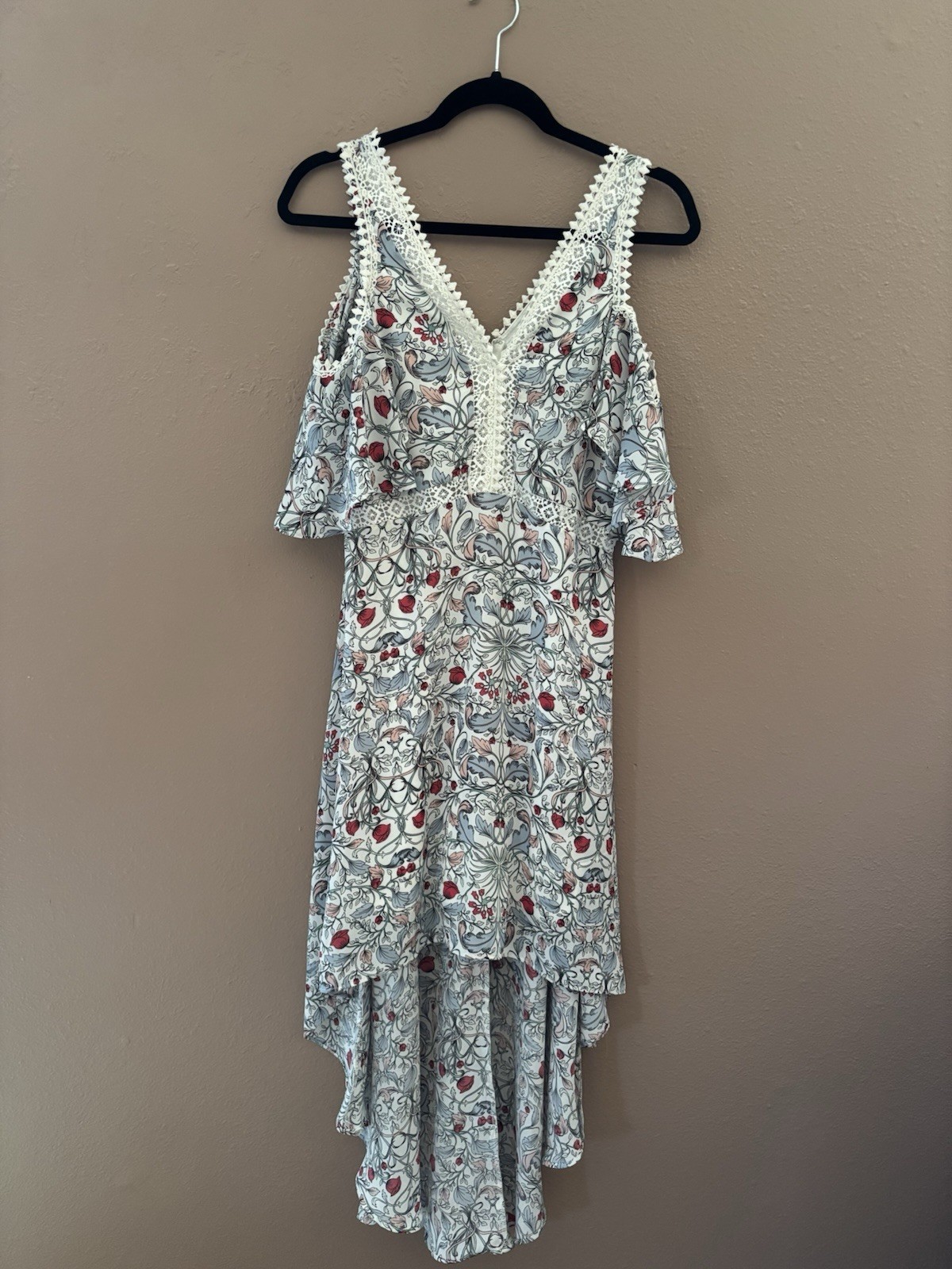 Disney Beauty Beast Floral Print Dress with Lace Trim and Asymmetric Hem S