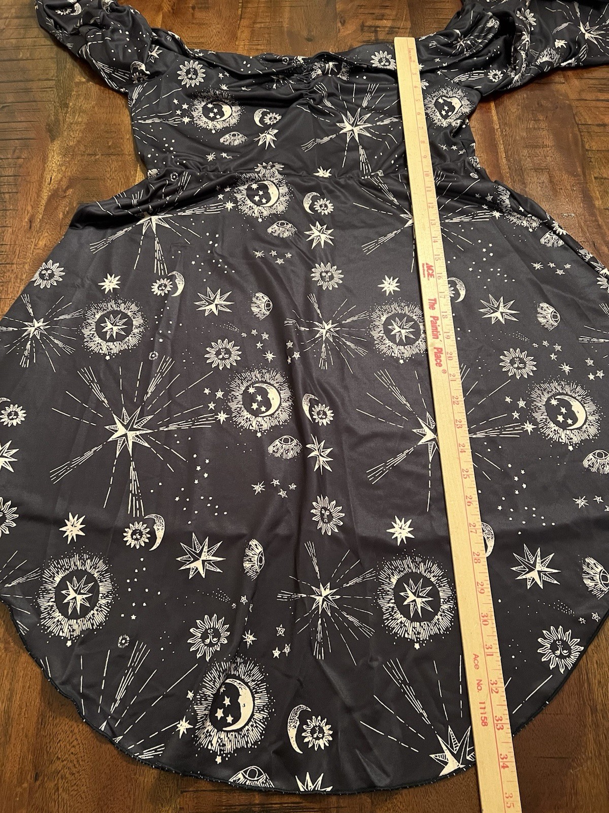 Womens XL Celestial Moon Stars Sun Off Shoulder Mini Dress Bell Sleeve Goth Boho