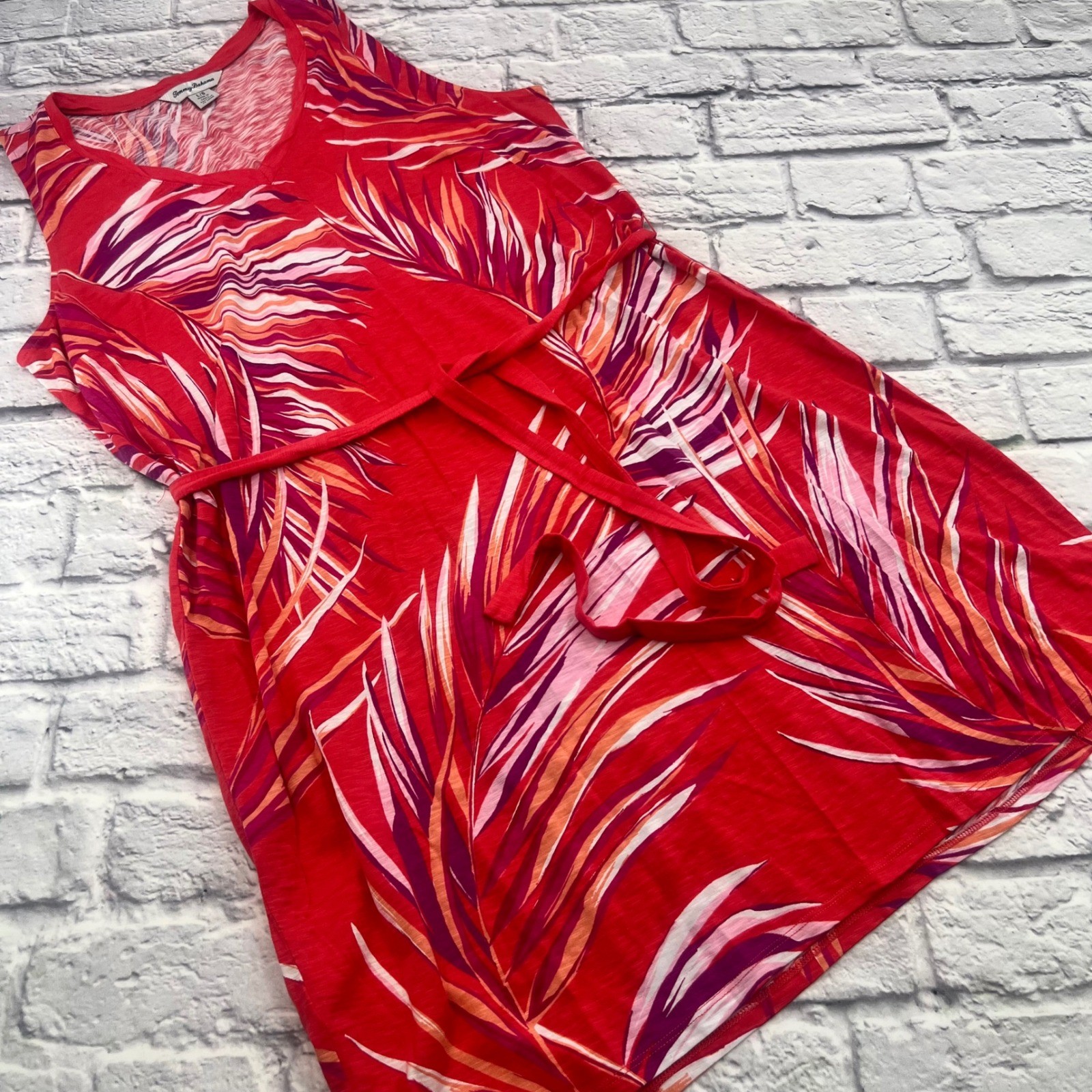 Tommy Bahama Womens Pink Tropical Palm Print Tie Waist Knit Dress Large Beach