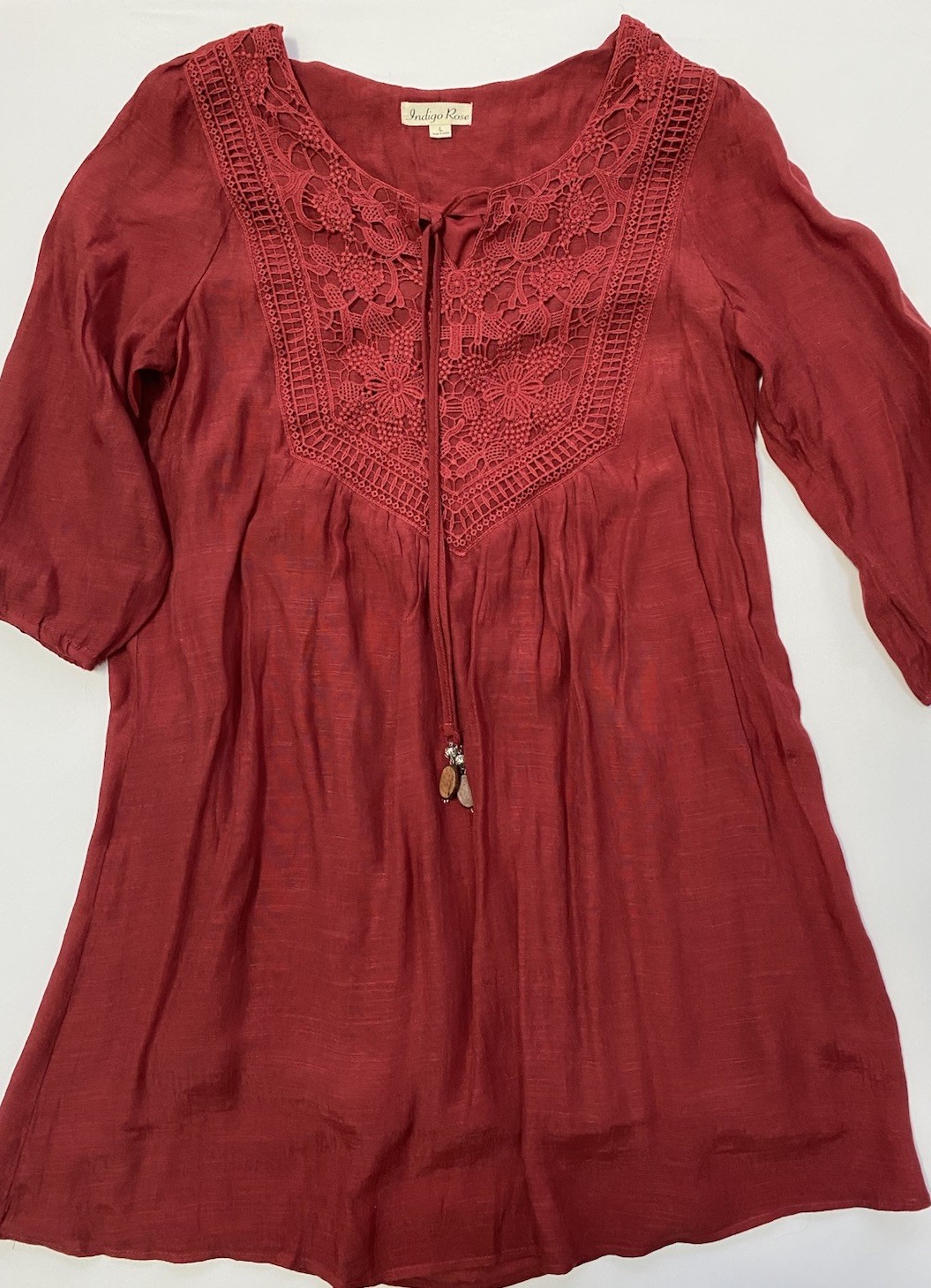 Indigo Rose Women’s Boho Tunic Dress Red Lace Detail Size Large 3/4 Sleeve