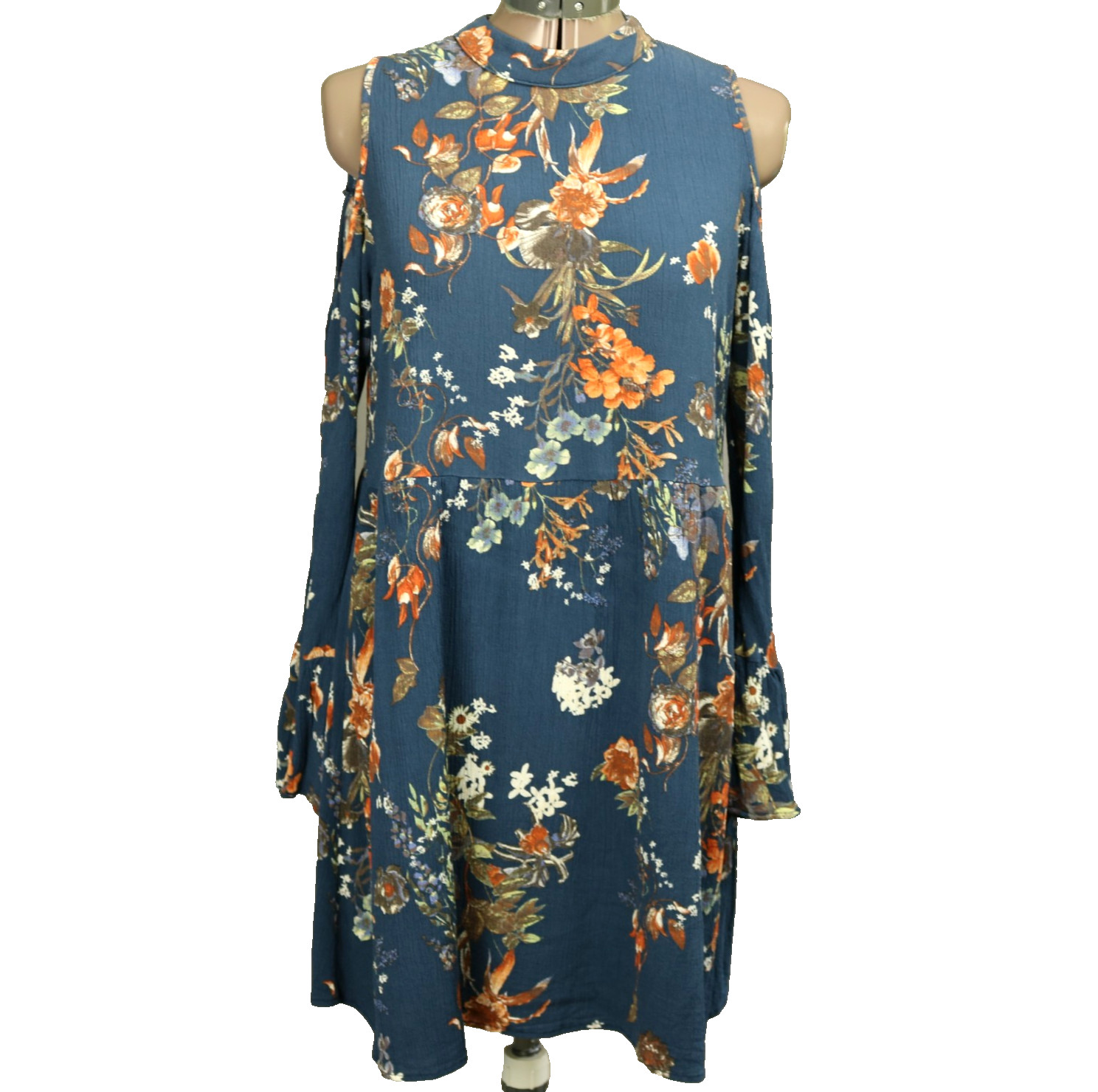 Altar’d State Floral Cold Shoulder Mini Dress Button Neck Bell Sleeve Blue L