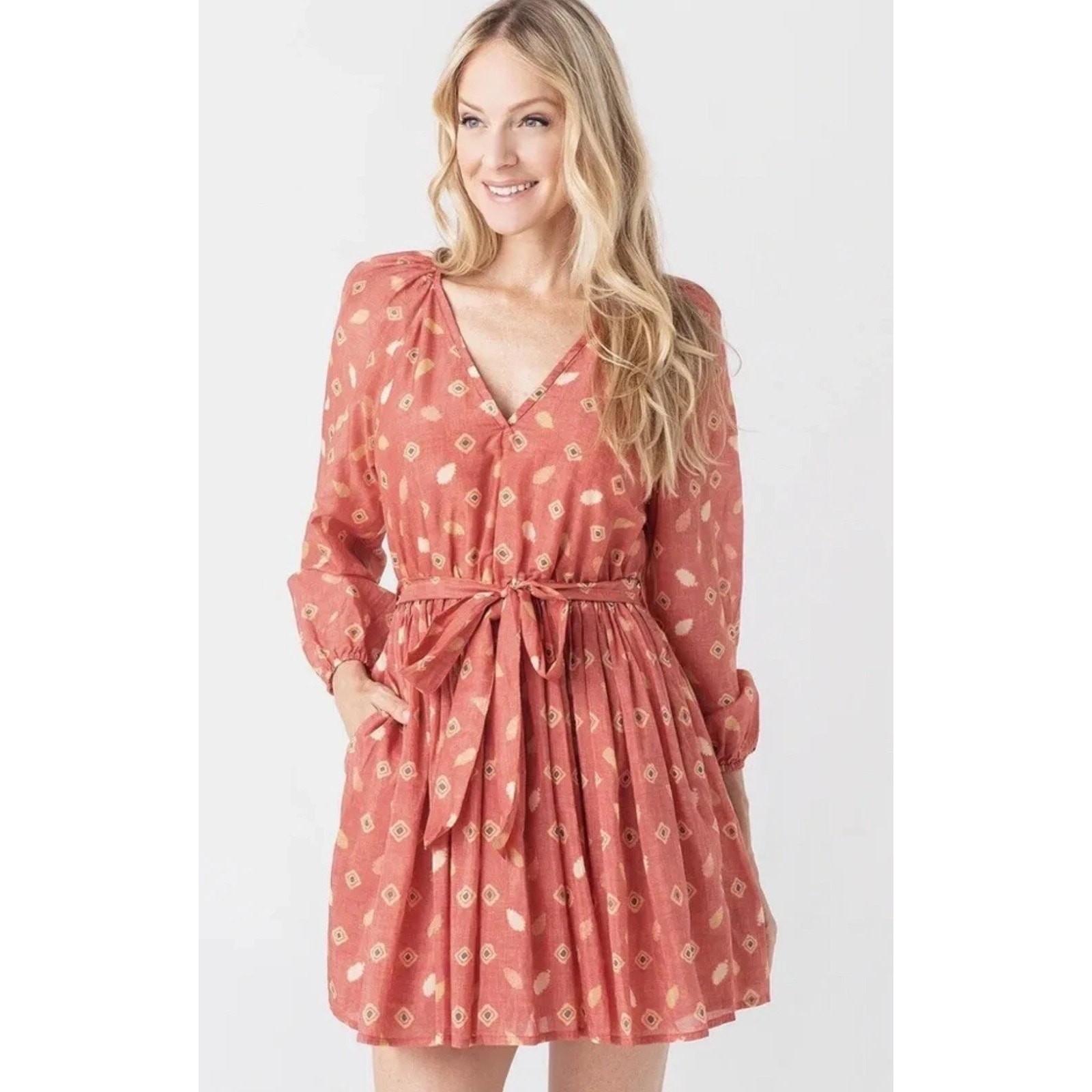 Xirena Symone Blouson Sleeve V-Neck Mini Swingy Dress Foxtail Red Women’s Small