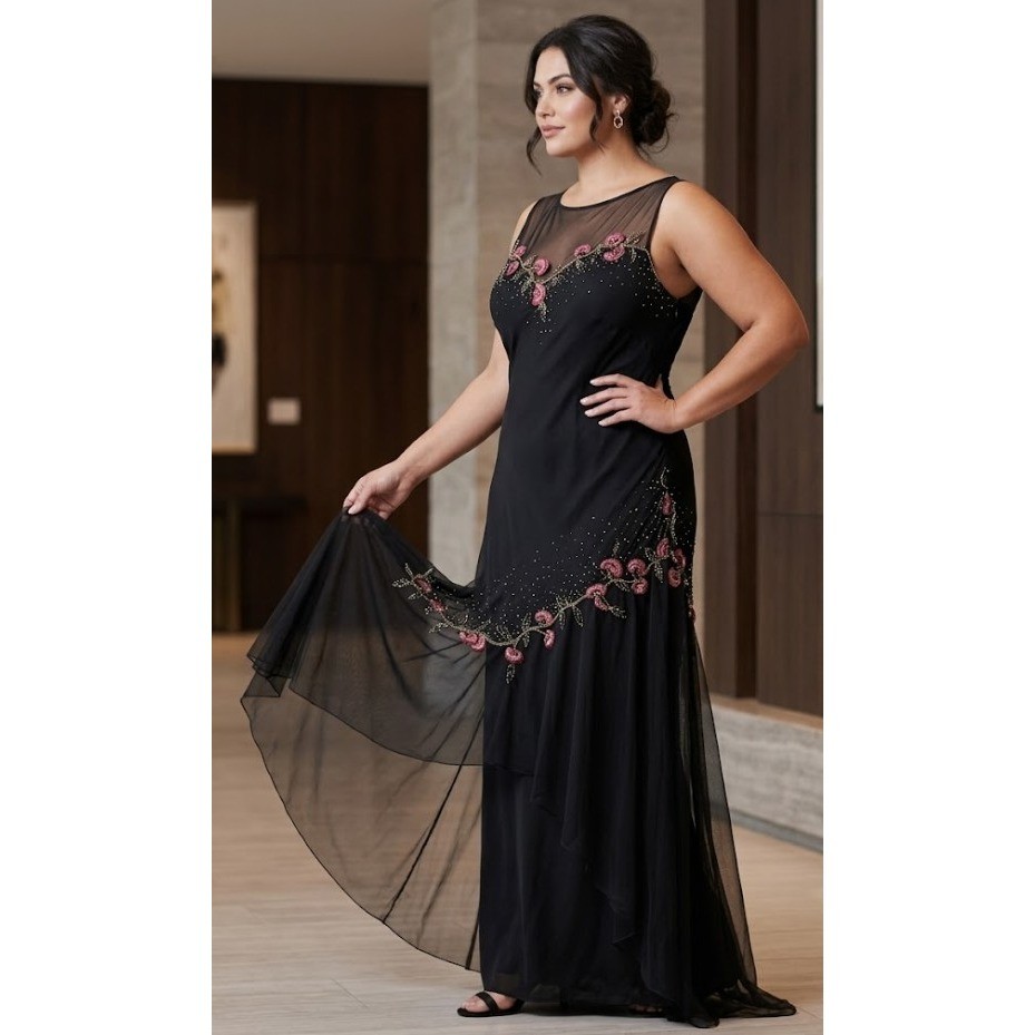 Xscape Silk Beaded Floral Mesh Gown Black Asymmetrical Tiered Formal Dress