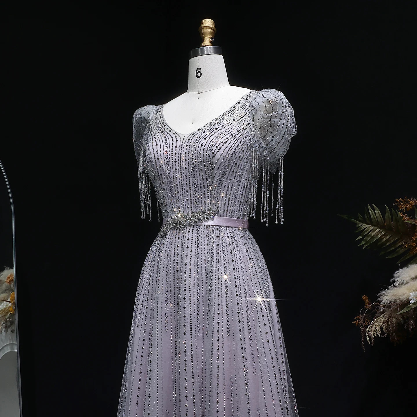 Luxury Beaded Evening Dress with Bubble Sleeves A-line Dubai Prom Lace Ball Gown