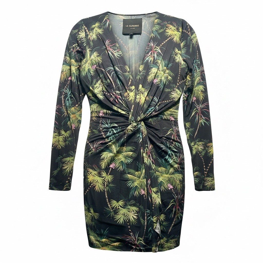 LE SUPERBE Long Sleeve Mini Baller Dress Jersey Resort Palm Tree Print Medium