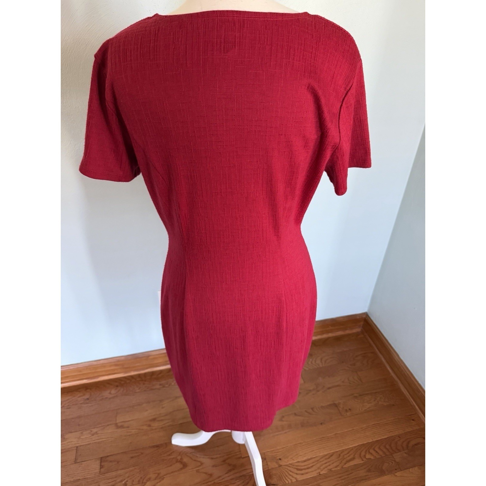 Office Siren Red Career Shift Dress Office Conference Pencil gold Buttons Sz 14