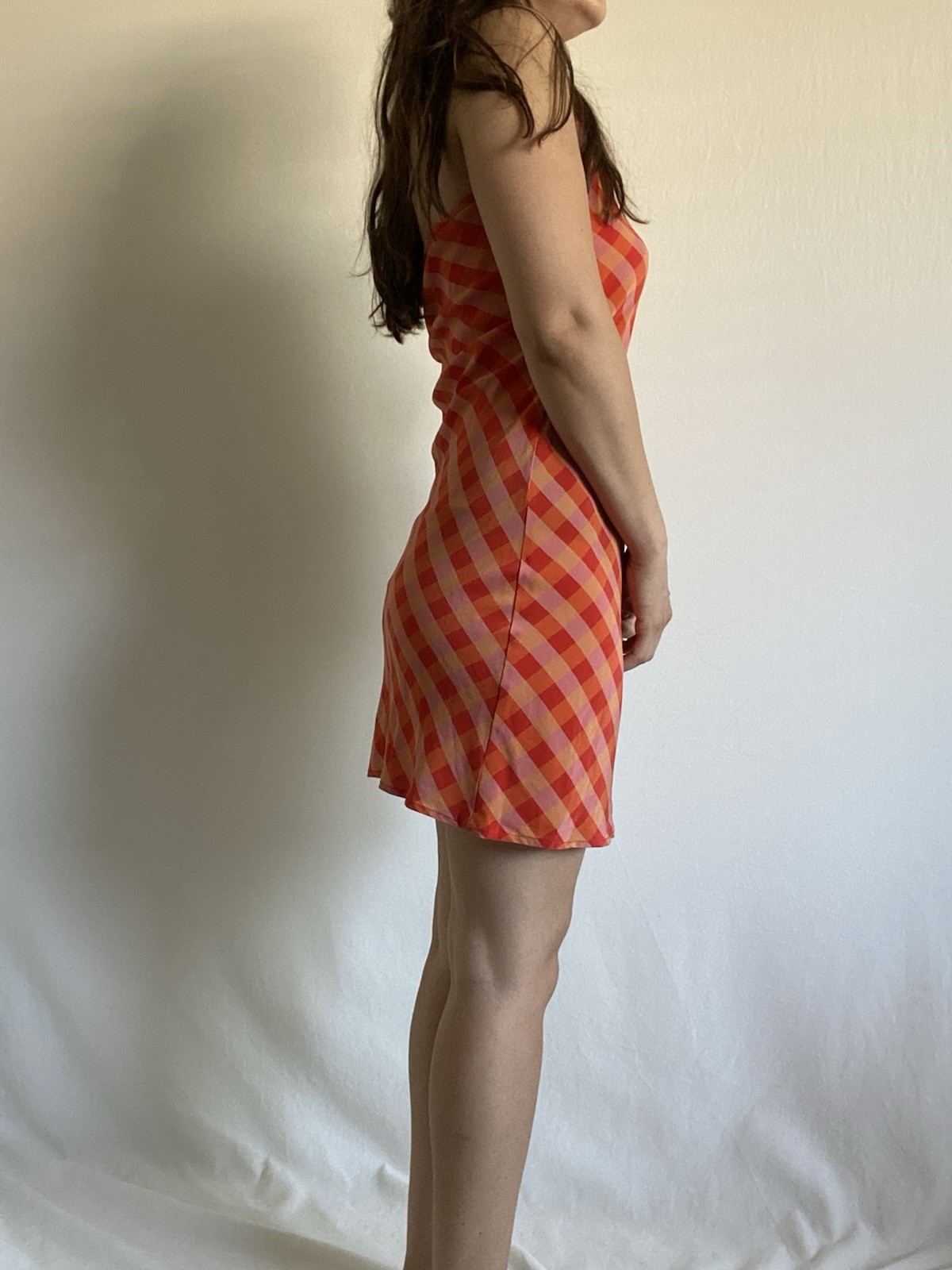 LHD 100% Silk Orange Pink Gingham Halter Mini Dress Open Back Size 4