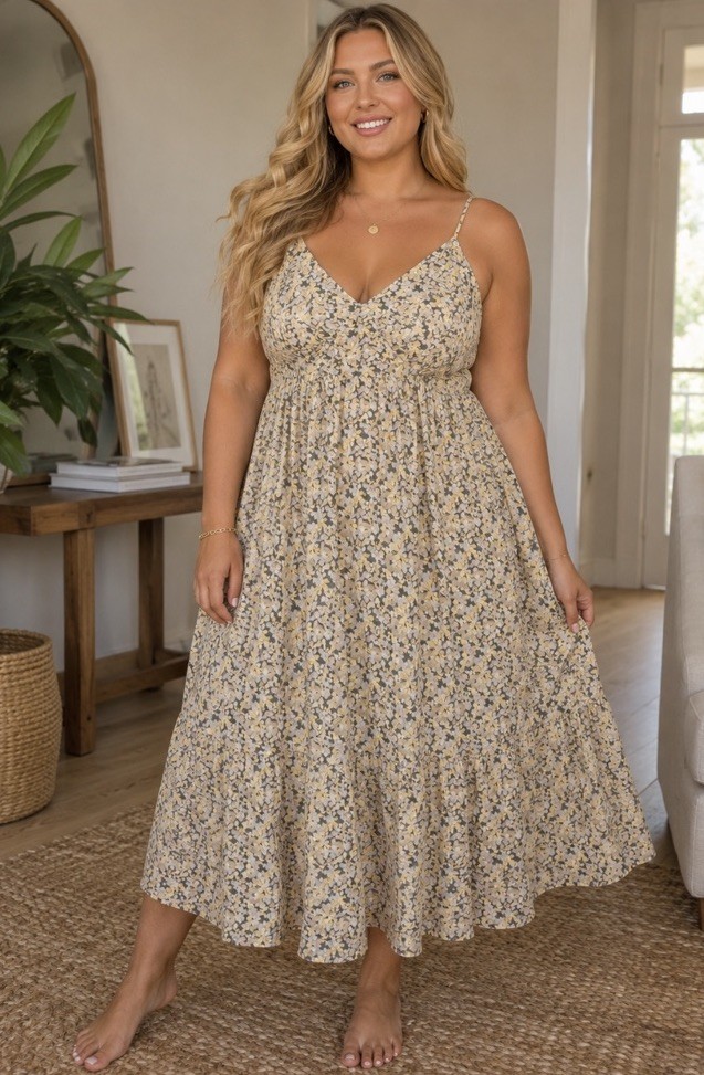 Universal Thread Womens 1X Beige Blue White Floral Smocked V-Neck Maxi Dress