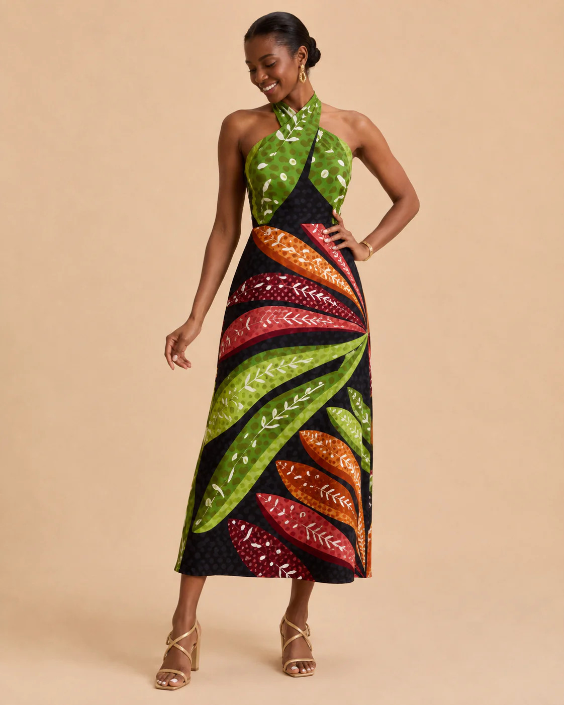 Tropical Leaf Print Halter Midi Dress Resort Vacation Elegance