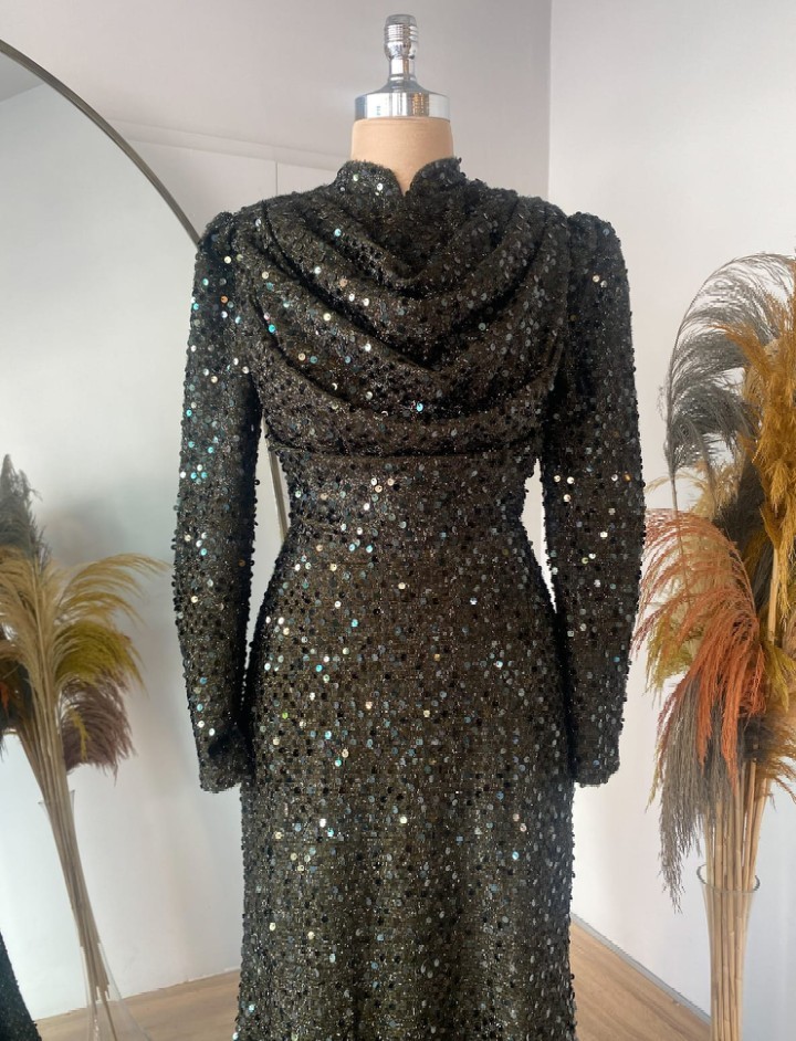 BNWT Lavienza Long Sequin Maxi Dress Ball Gown In Dark Olive Green Size UK 12